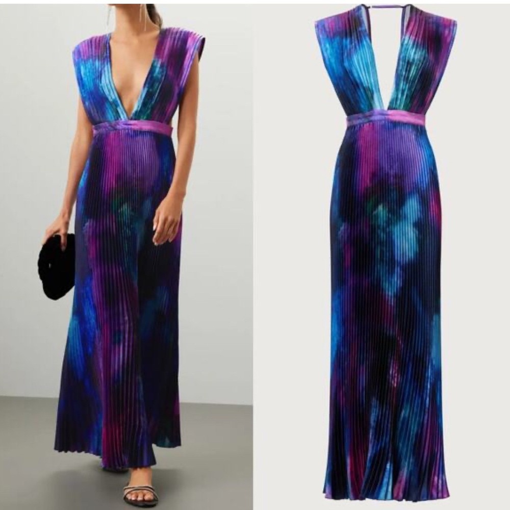 L'IDÉE Woman Gala Pleated Maxi Gown Multi Purple‎ Blue V-Neck Dress Size 10 (N)